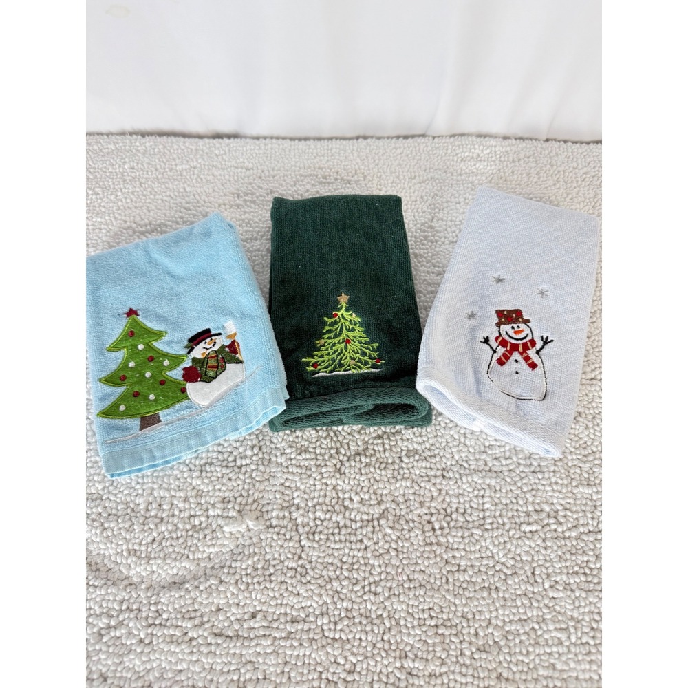 VTG Christmas Tea Towels Set of 3 Snowman Tree Embroidered Holiday‎ Decor